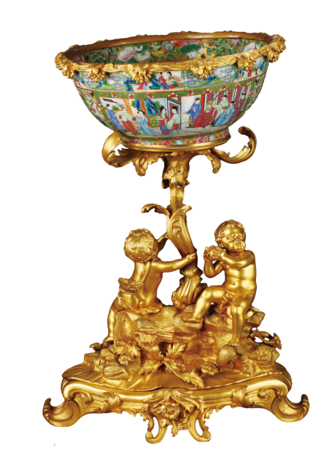 圖為清道光廣彩描金花鳥人物紋鑲天使銅座大碗。（來源：廣州十三行博物館）